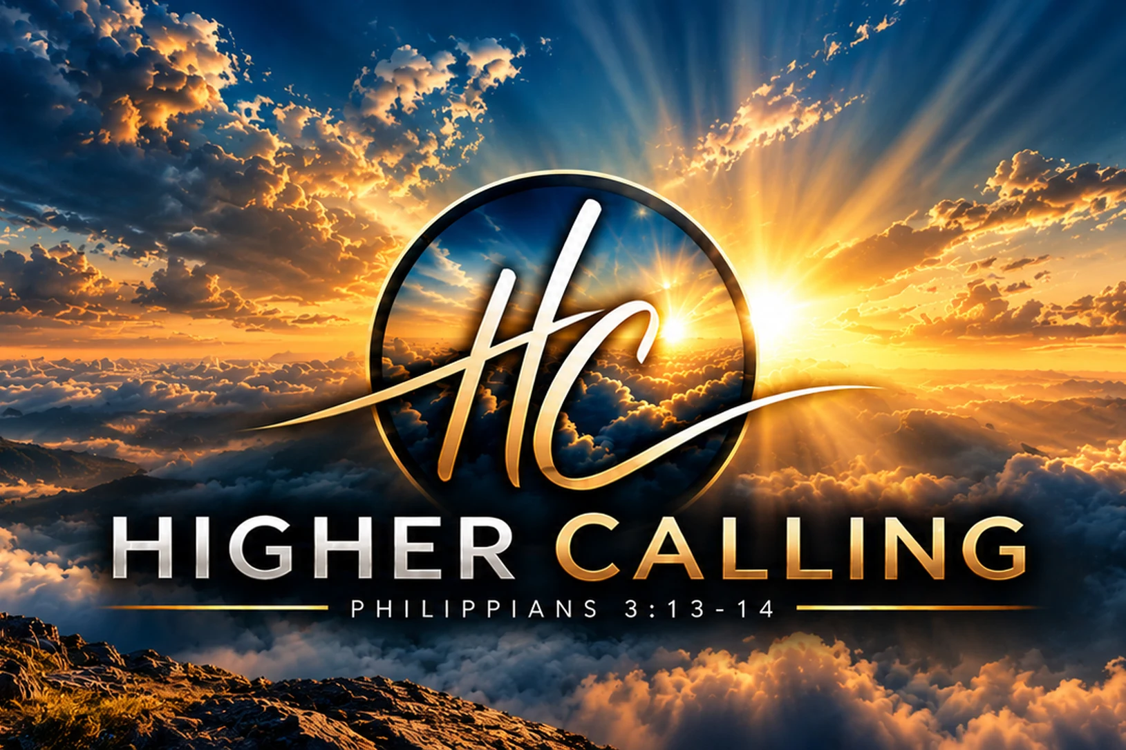 Higher Calling logo and Philippians 3:13–14 over navy clouds illuminated with golden sunlight